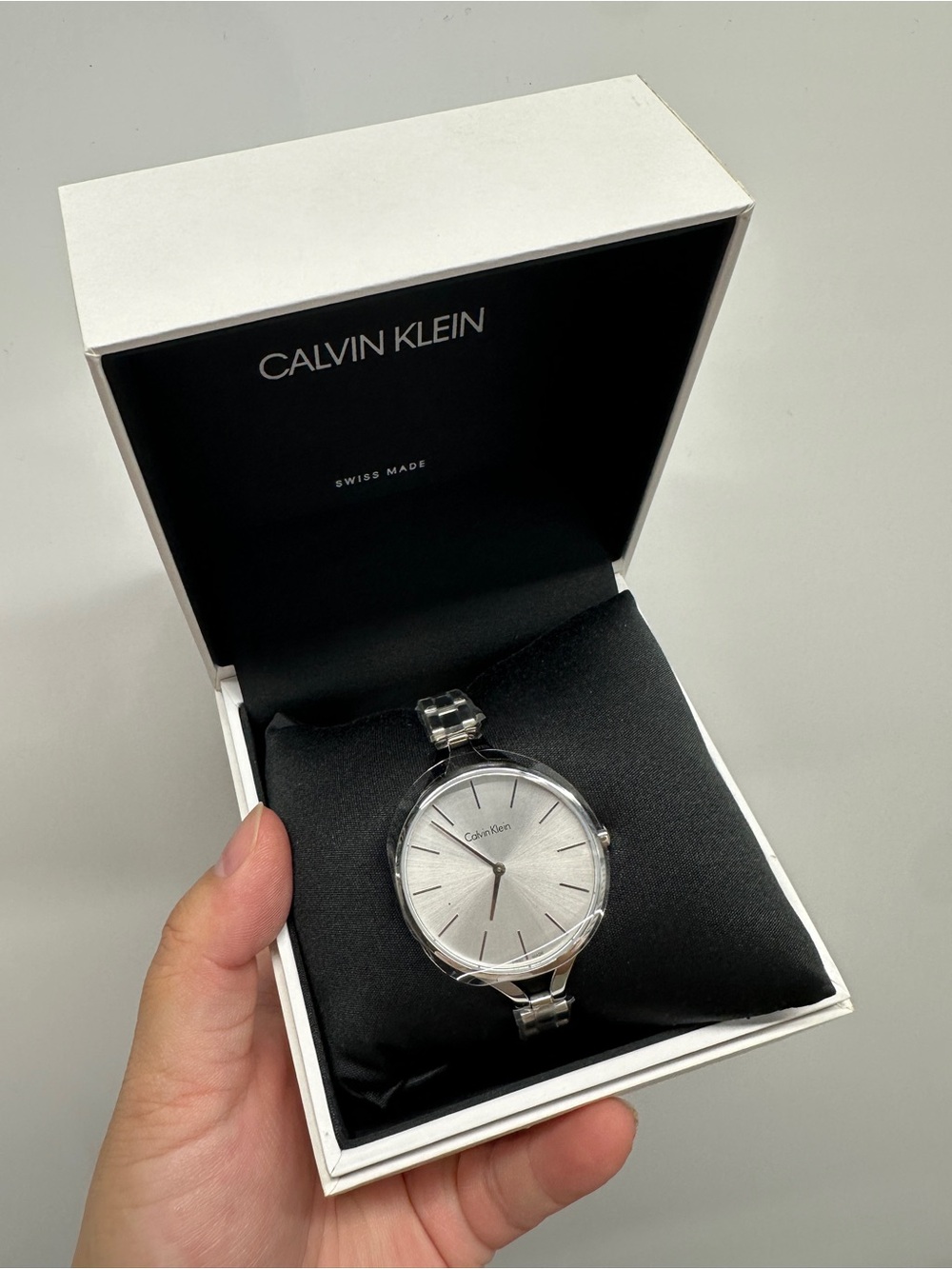 NIB! Calvin Klein Graphic Silver Dial Stainless Steel Band Womens Watch K7E23146